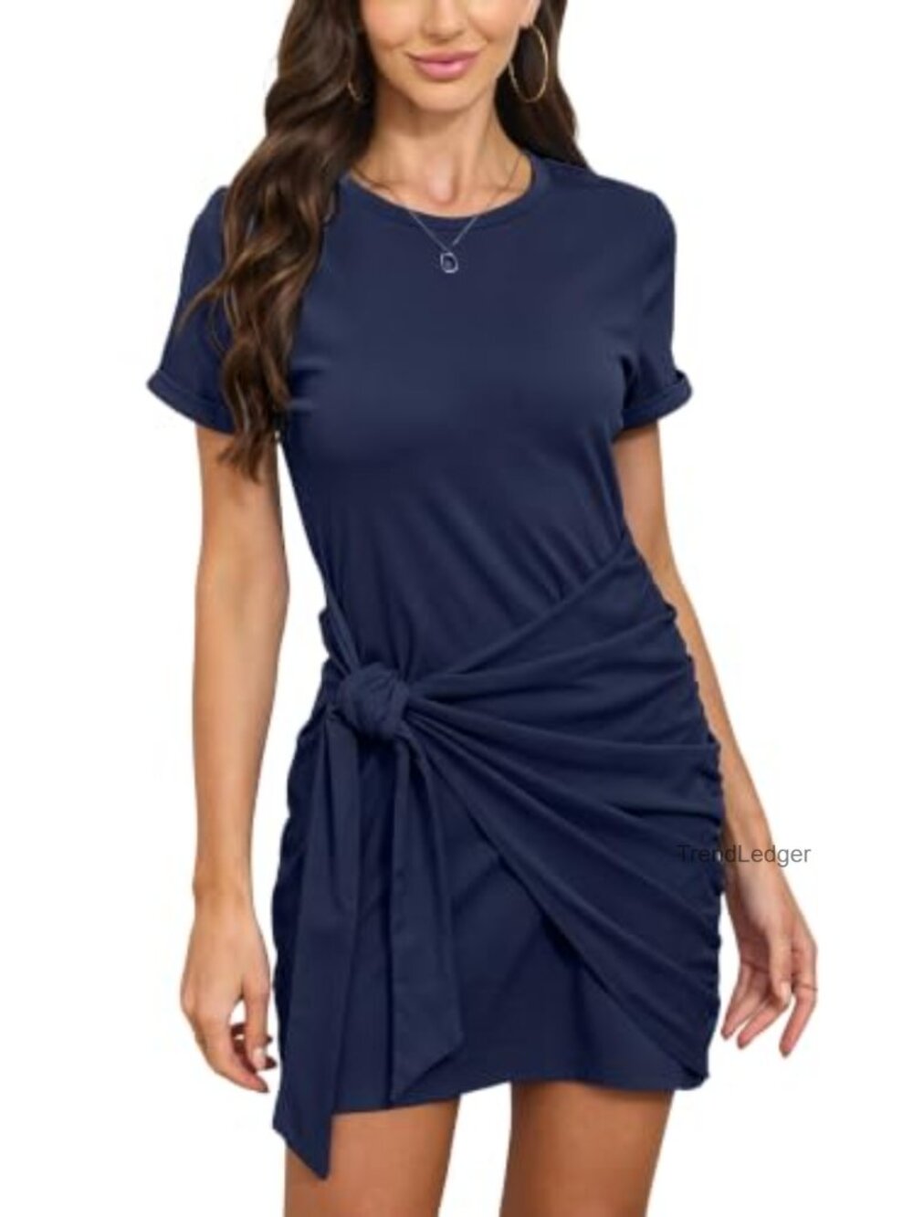 Womens Cotton Wrap Mini Dress Short Sleeve Tie Waist T-Shirt Dress